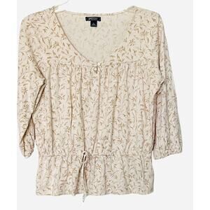 AMERICAN LIVING V-NECK BLOUSE, WOMENS, L, WHITE WITH GOLDTONE LEAVES, 3/4 SLEEVE